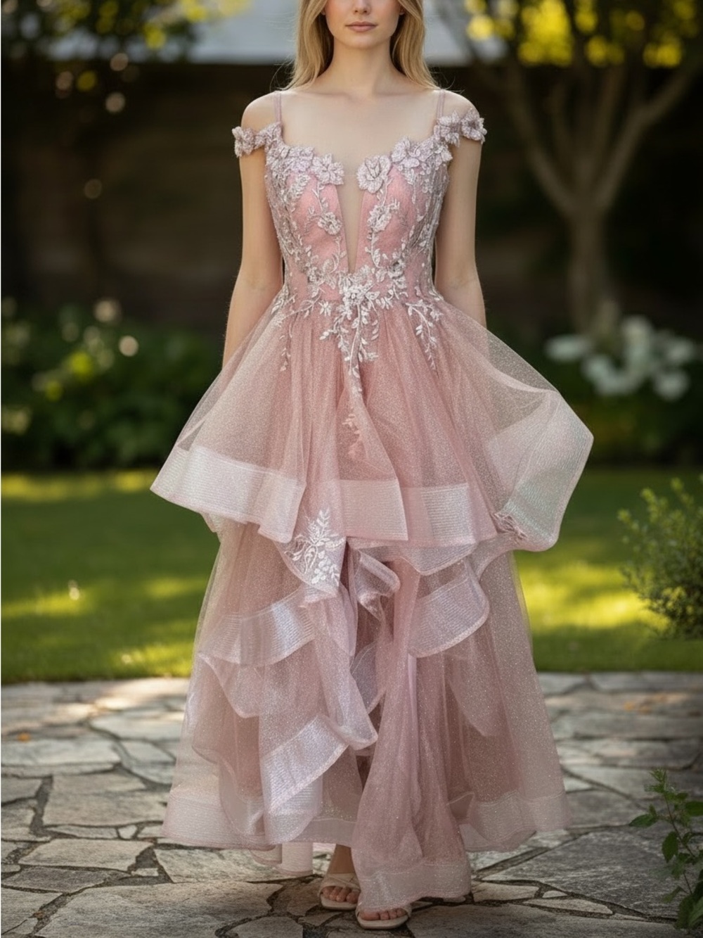 Pink Floral Appliqué Ruffle Tulle Dress